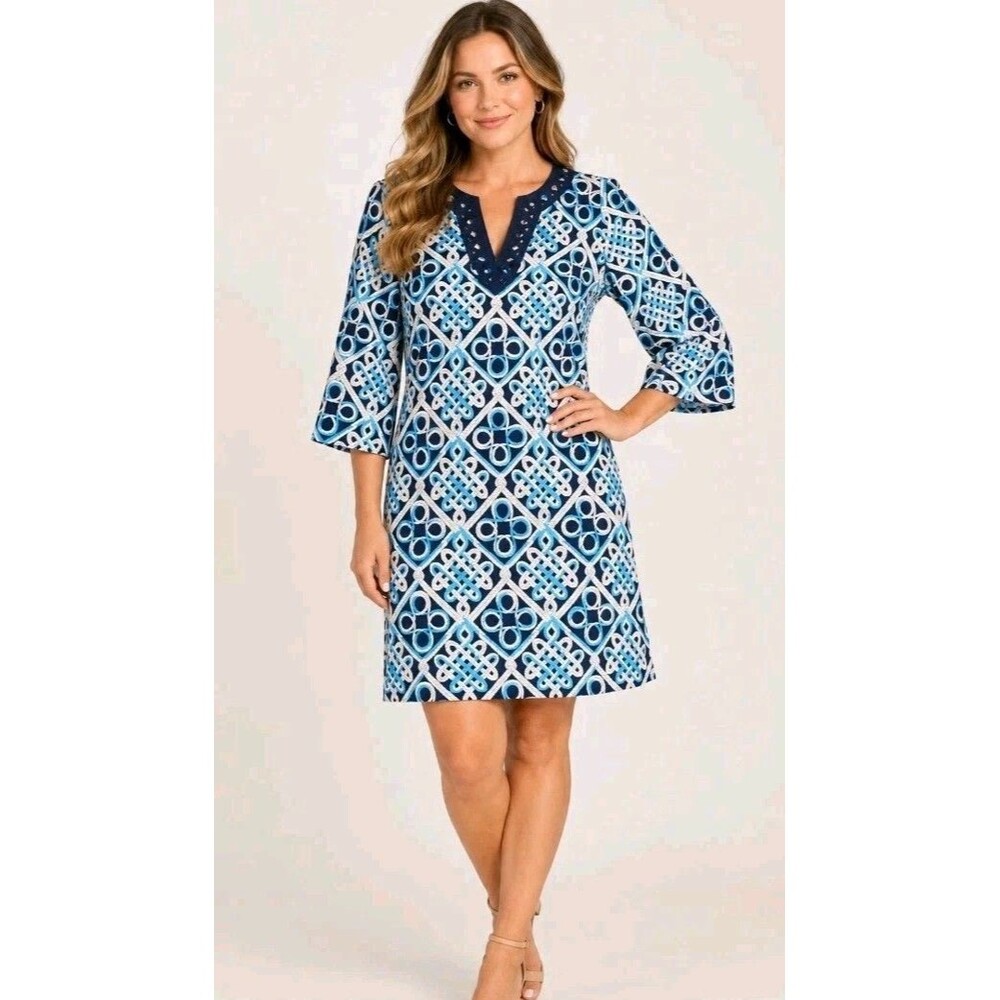 Trina Turk Knotty Dress Women 10 V-Neck Navy Nautical USA Cotton Blend Vacay NWT